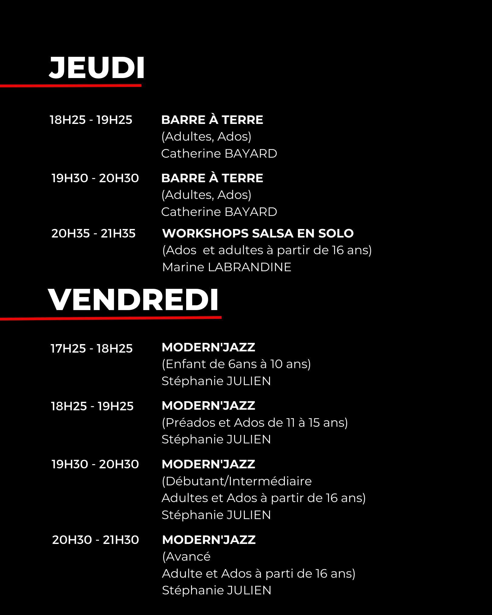 planning jeudi et vendredi barre a terre et modern' jazz